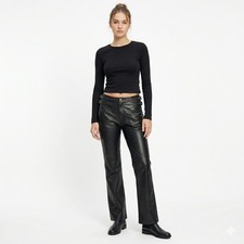 Vintage Black Leather Bootcut Pants Womens 8 Buckles Biker Grunge Indie Sleaze