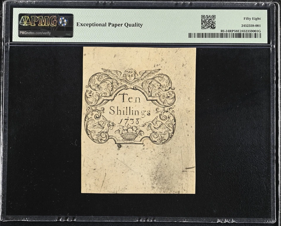 1738 Rhode Island RI colonial 10 shillings 10sh 10s note REPRINT PMG CERT 58 EPQ - Image 2 of 2