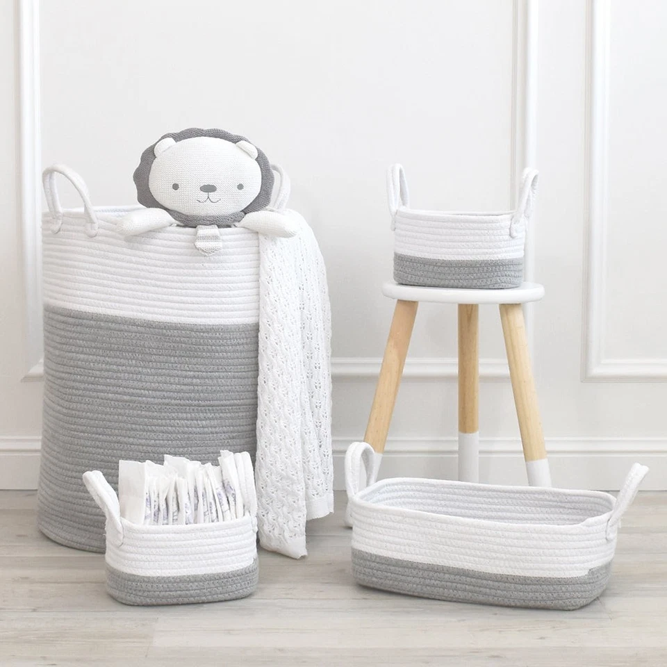 Large Cotton Rope Hamper Grey White Laundry Basket Bin Storage Nursery Decor - image 2 of 4