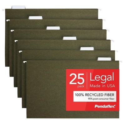 Pendaflex Recycled Hanging File Folders, 25 Pack, Green, Legal Size 8.5'' x 14''