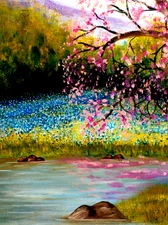 LARGE Bluebonnet Landscape Pond Stones Reflections Blooming Tree Oil Cv Painting