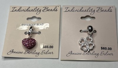 Sterling Silver Individuality Beads Charm Set of 2 Heart & Four-leaf Clover NEW