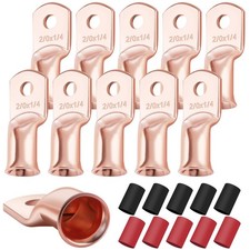 10PCS 2/0 AWG-1/4 Heavy Duty Battery Lugs with 3:1 Heat Shrink Tubing, Ring T...