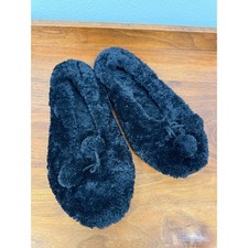 Black Fuzzy Pom Pom Ballet Slippers House Shoes XL 9.5-10.5