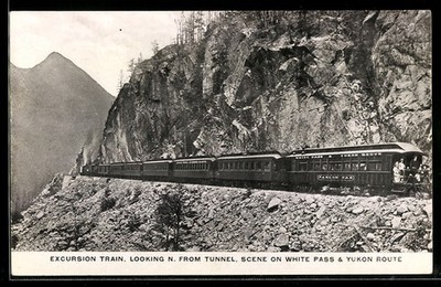 AK Excursion Train, looking north from tunnel, scene on White Pass and Yukon Ro 
