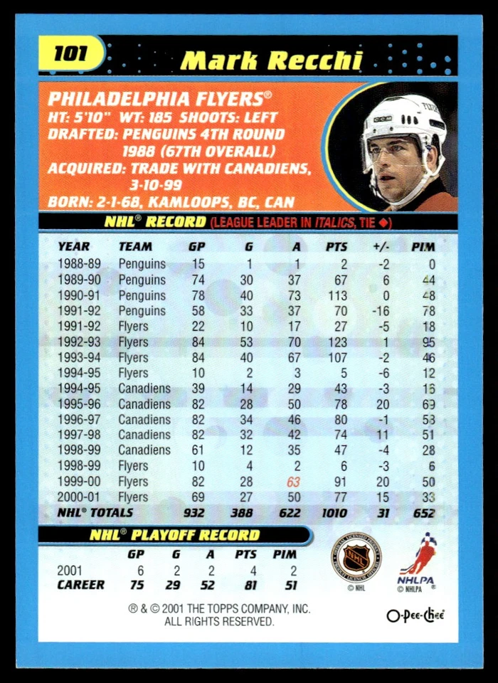 2001-02 O-Pee-Chee Heritage Mark Recchi Philadelphia Flyers #101 - Image 2 of 2