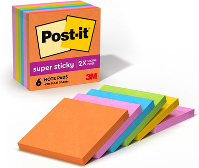 Post-It Super Sticky Notes, 3X3 In, 6 Pads, 2X the Sticking Power, Energy Boost