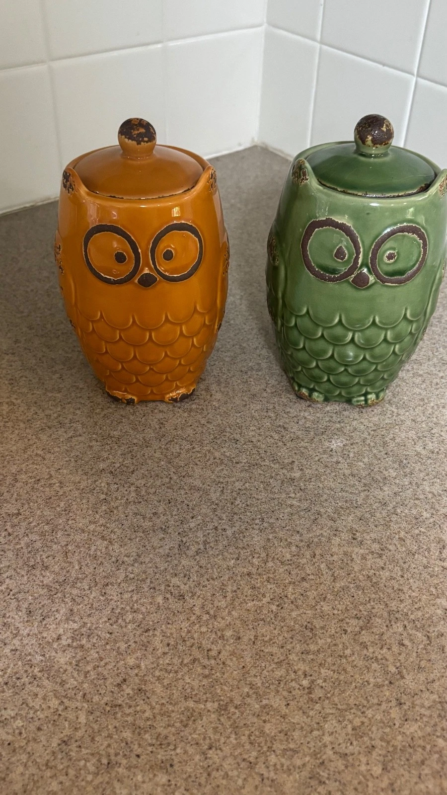 2 Small 1-Yellow and 1-Green Rustic Style Owl Canister Jar Ceramic 6" T
Opens in a new window or tab