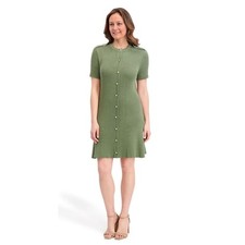 French Connection Green Ribbed Knit Button Front Short Sleeve Fit Flare Dress