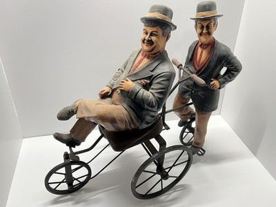 Vintage LAUREL AND HARDY Plaster Sculpture Figures On Tandem Quad