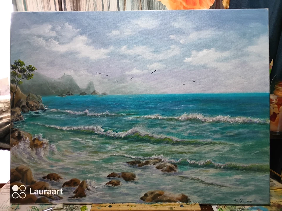 Arte 24"/18" Crimea. Pintura al óleo original, lienzo estirado. Paisaje marino, paisaje Foto 4 de 4