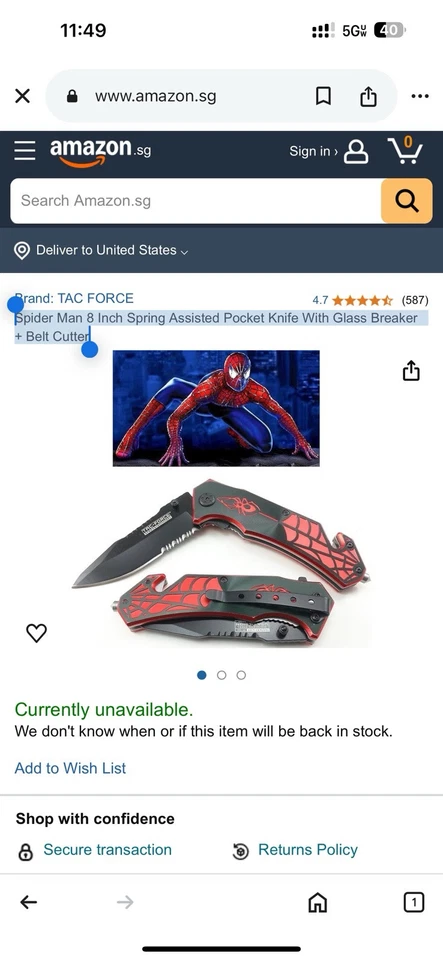 Cuchillo de Bolsillo Spider-Man Cuchillo Spider-Man con Cortador de Cinturón de Seguridad Rompe ventanas Foto 2 de 2