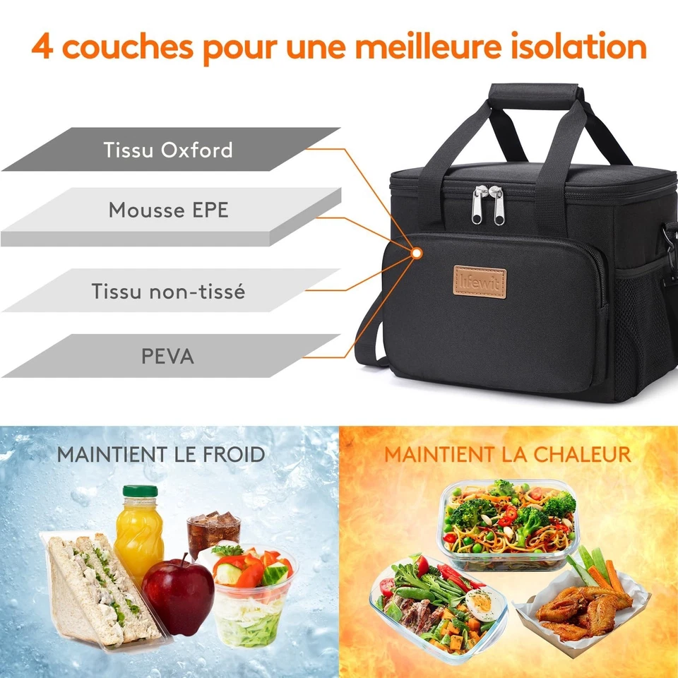 Sac Isotherme Repas 9L Glacière Souple Lunch Box Travail Pique-Nique Noir - Photo 2/4