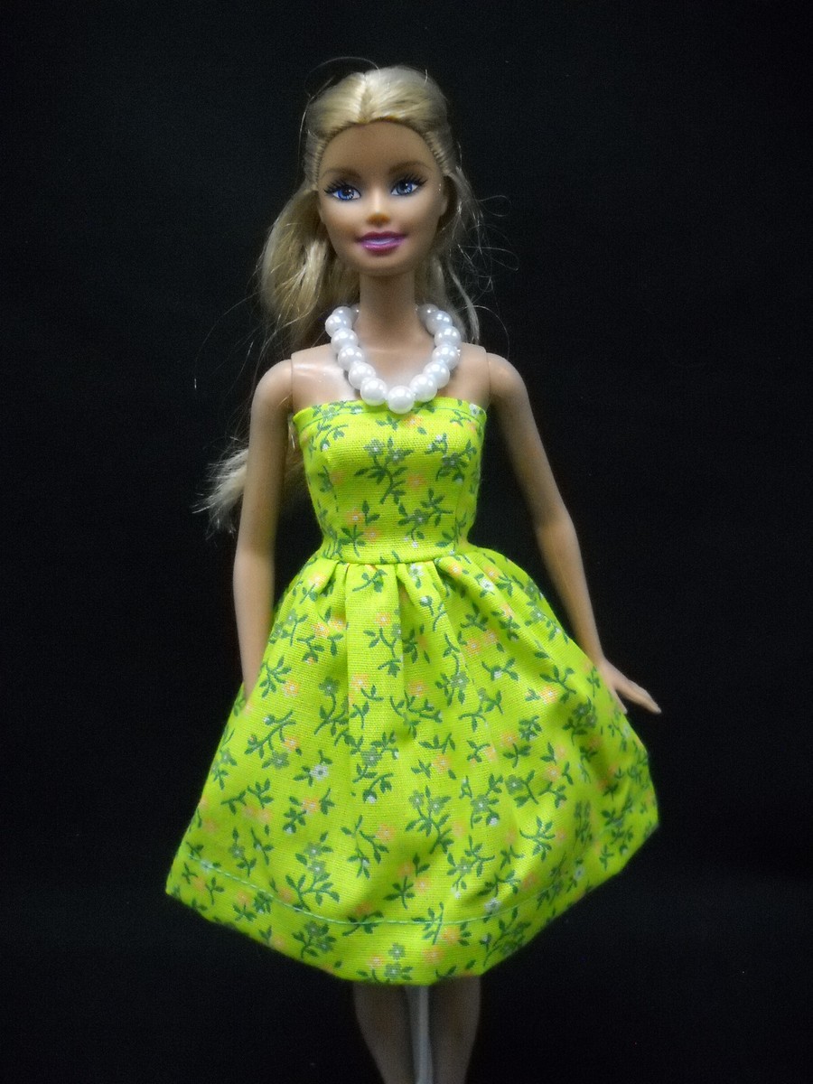Green Floral Dress & Necklace Fits Barbie Doll Handmade *