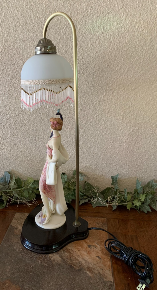 The Crosa Collection Table Lamp Lady with Peacock Beaded Shade Art