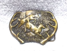 1977 Bergamot Brass Works Belt Buckle Gold Tone Running Deer Y-144 Great Shape