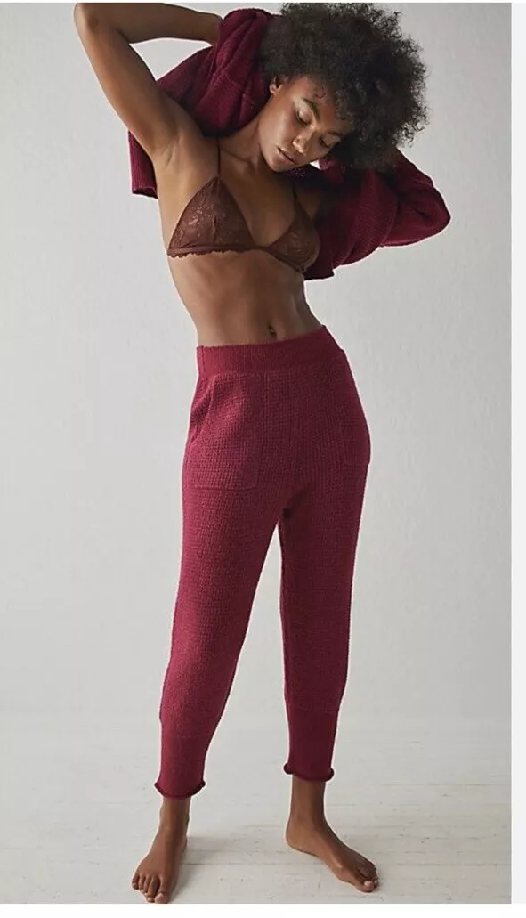 New Free People C.O.Z.Y. Waffle Knit Joggers Pants Off Beat Red