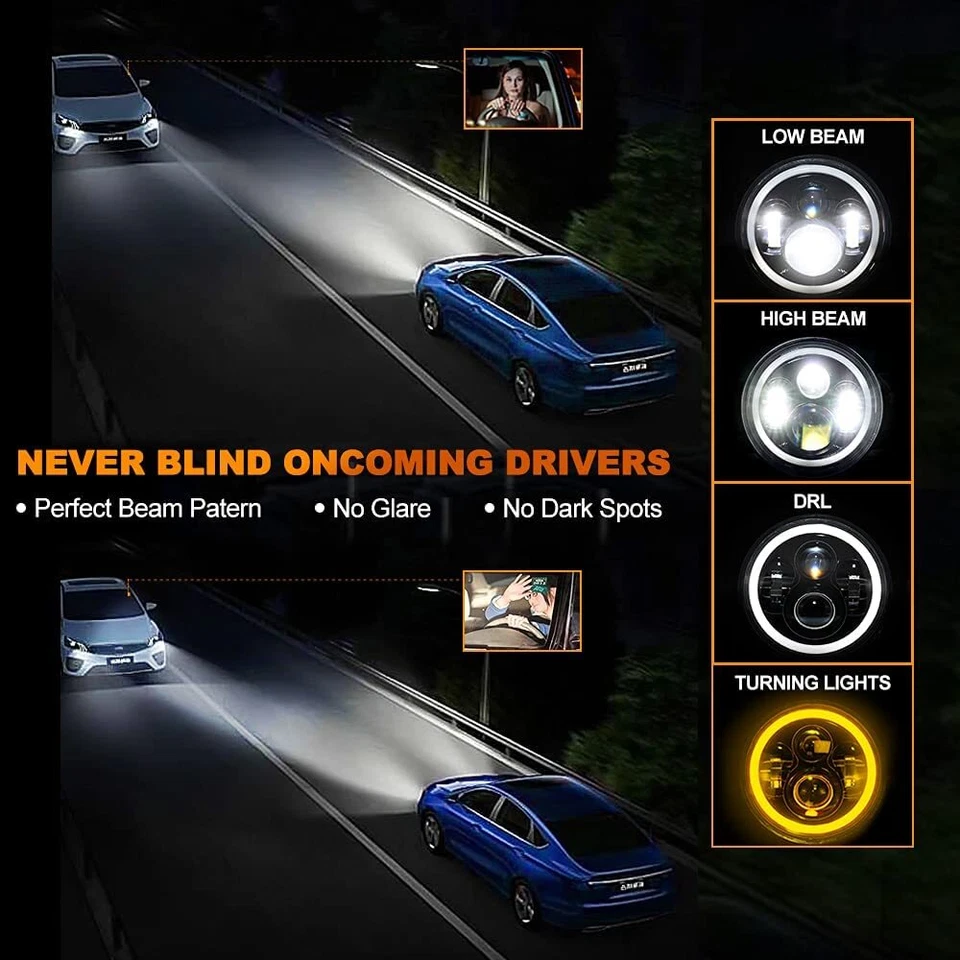 7'' Round LED Headlights Fit For Jeep Wrangler Custom Unlimited Sport JK JL TJ - Image 2 of 4