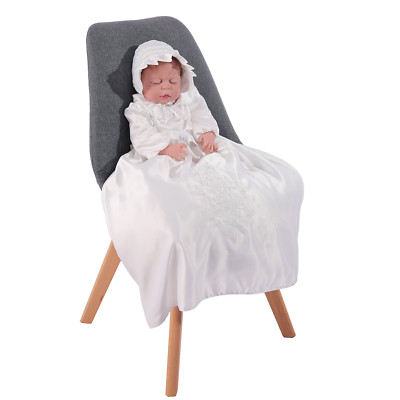 Langarm Elfenbein Satin Taufkleid und Mütze 0 3 6 9 12 Monate