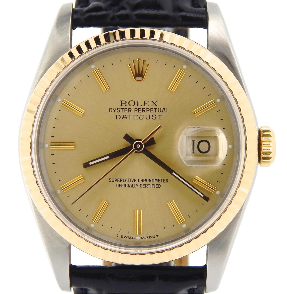 Rolex Datejust Para Hombres Oro 18K Acero Inoxidable Reloj Esfera Champagne Negro 16233