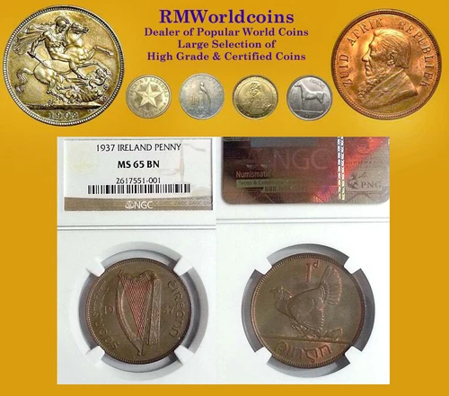 Ireland 1937 Penny, Superb Gem, Key Date, NGC 65, Highest Graded, Pop 3, Rare