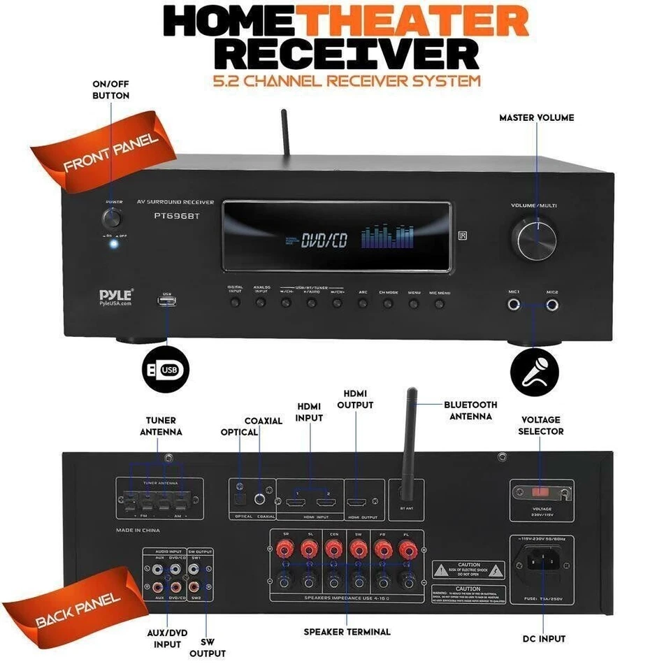 Pyle BT Streaming Home Theater Receiver - 5.2-Ch Surround Sound Stereo System - Image 2 of 4