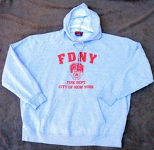 NY NYC Fire Deptment size XL Grey Hood Sweatshirt Red Print Gift Good Cond GO