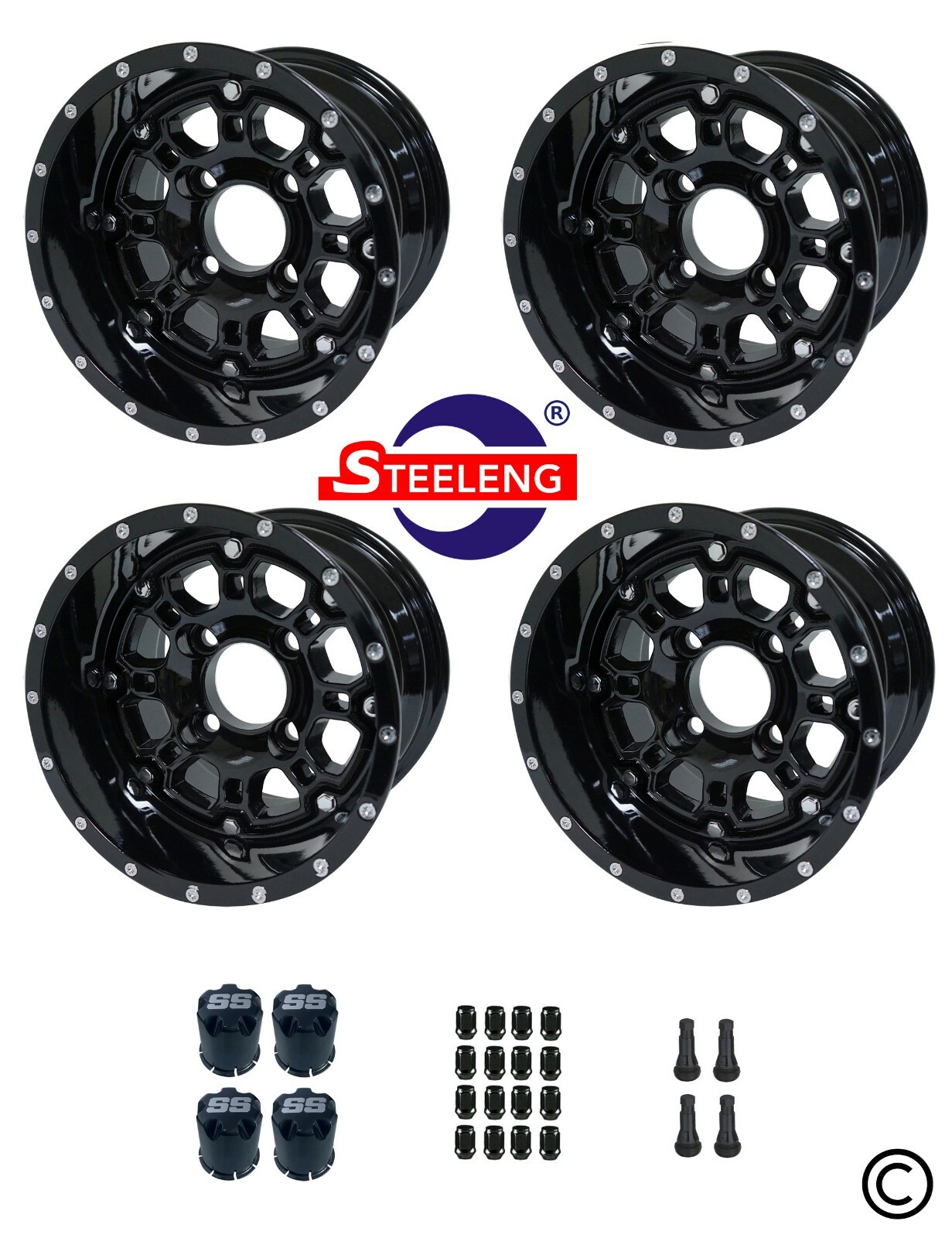 GOLF CART 10"x7" 'PANTHER' BLACK ALUMINUM WHEELS / RIMS (SET OF 4)