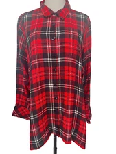 Multiples Women's 1X Red Plaid Shirt Front Back Button Detail Lightweight NEW