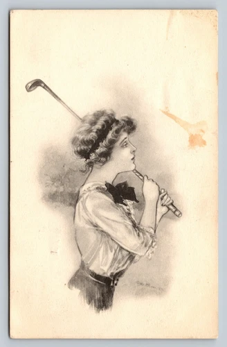 c1910s Sketch Print of Woman Holding Golf Club, Fashion ANTIQUE Postcard 1c