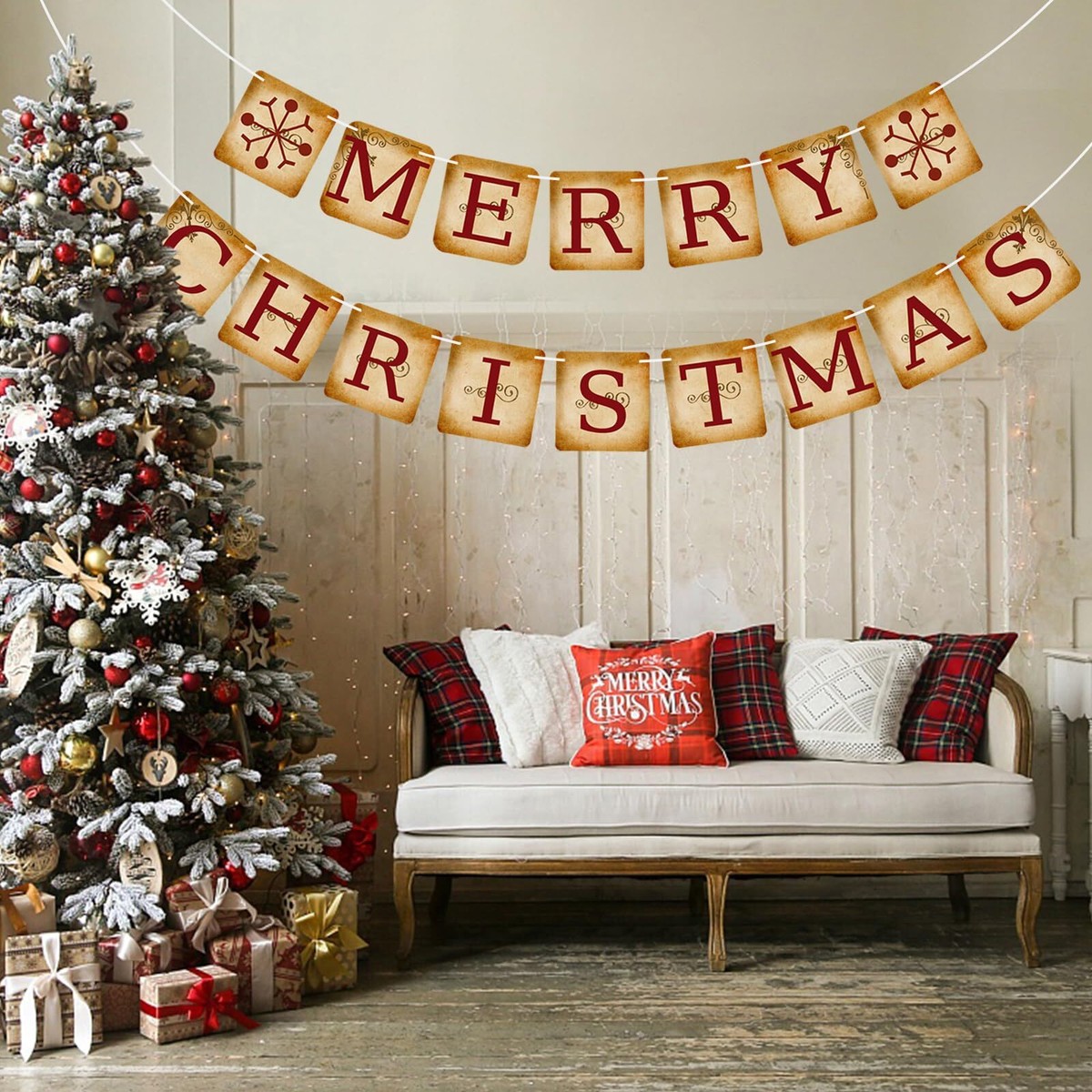UCLEVER 15 stuks vintage kerstslingers decoraties - Merry Christmas Banner Indoor voor vakantie thuis kantoor feest open haard, kerstfeestbenodigdheden (vierkant