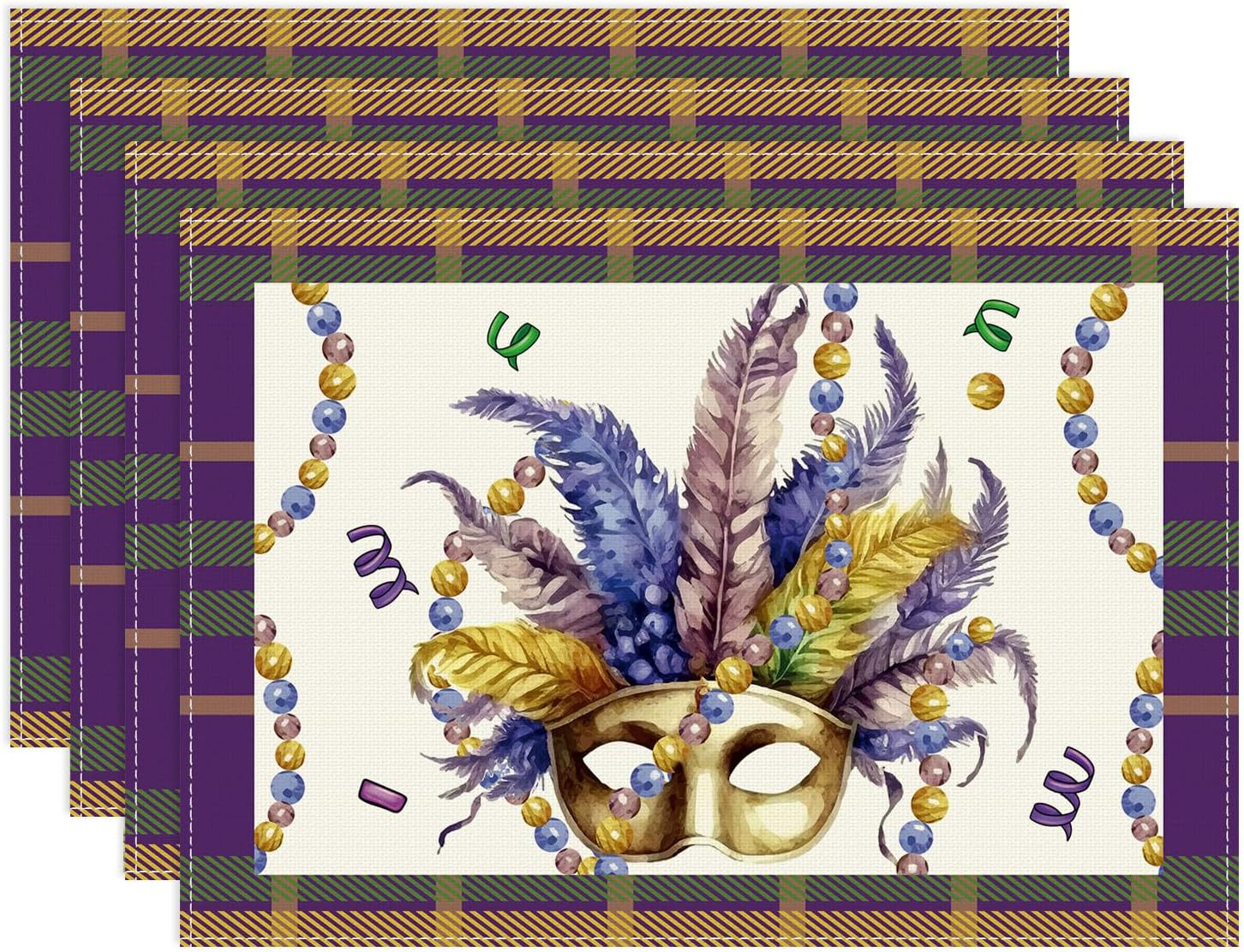 Mardi Gras Plaid Masquerade Mask Beads Celebration Carnival Cloth Placemats Set