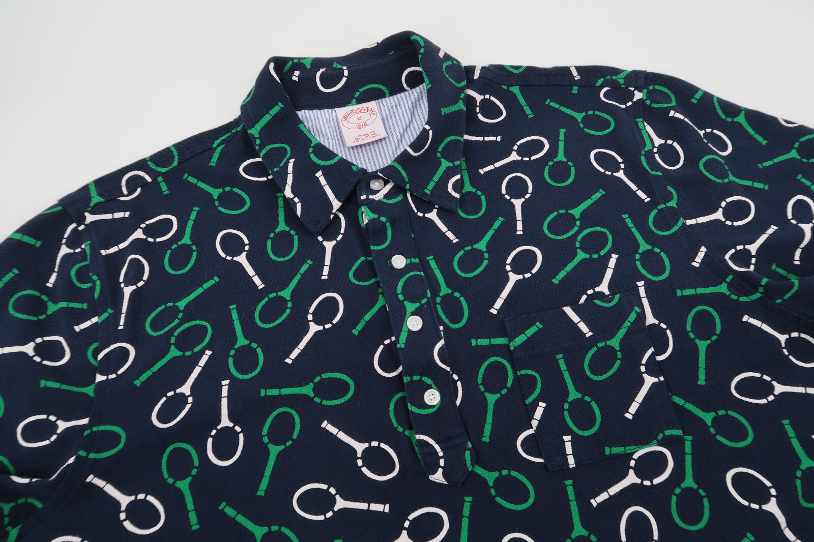 Brooks Brothers Polo Shirt Mens XL Navy Tennis Racket All Over Print Preppy