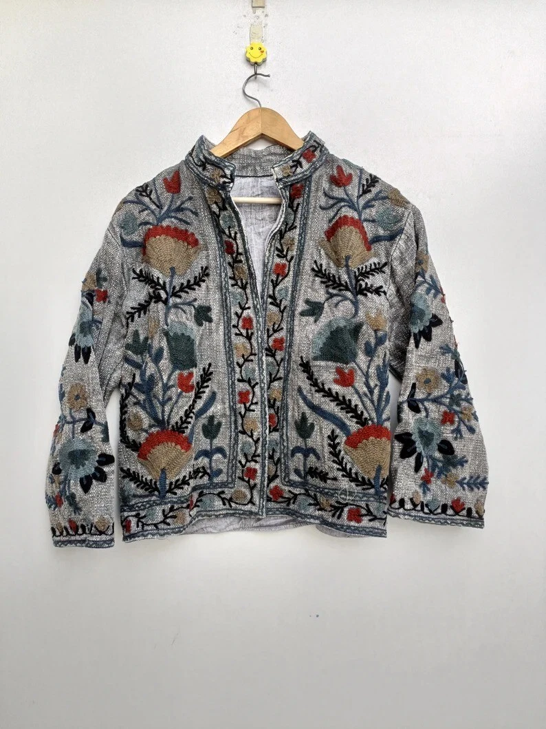 Indian Grey 100% Cotton Suzani Jacket Women's Clothing Suzani Floral Jacket US