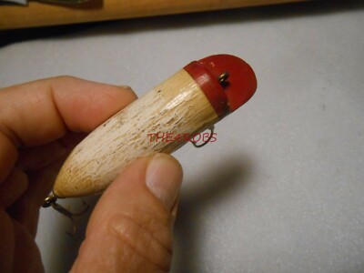 Leurre De Pêche Vintage En Bois, Tête Rouge, 3 1/2 Pouces, Original