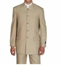 New Men's Mandarin Collar Pin Stripe Church Suit Jacket  pants Tan 38R 60L
