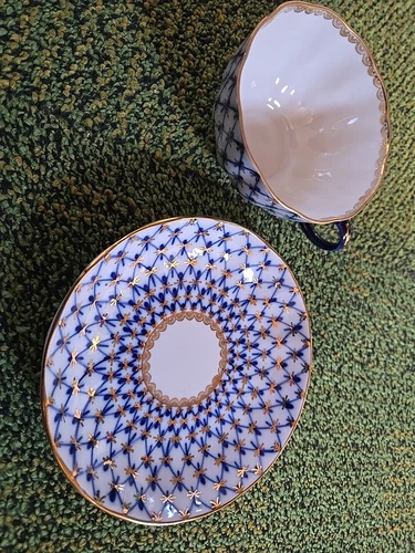 LOMONOSOV Russian Cobalt Net Larger Tea / Coffee CUP SAUCER set, Cobalt Blue