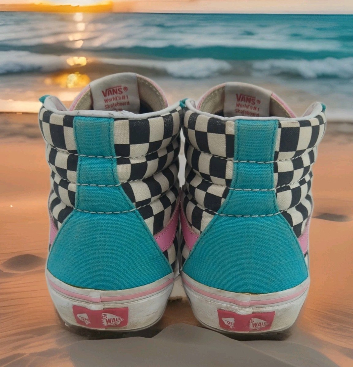 Vans Multicolor Checkerboard High-Top Sneakers with Teal, Tan & Red Panels Vans multicolor sneakers, checkerboard - Gem main image 2