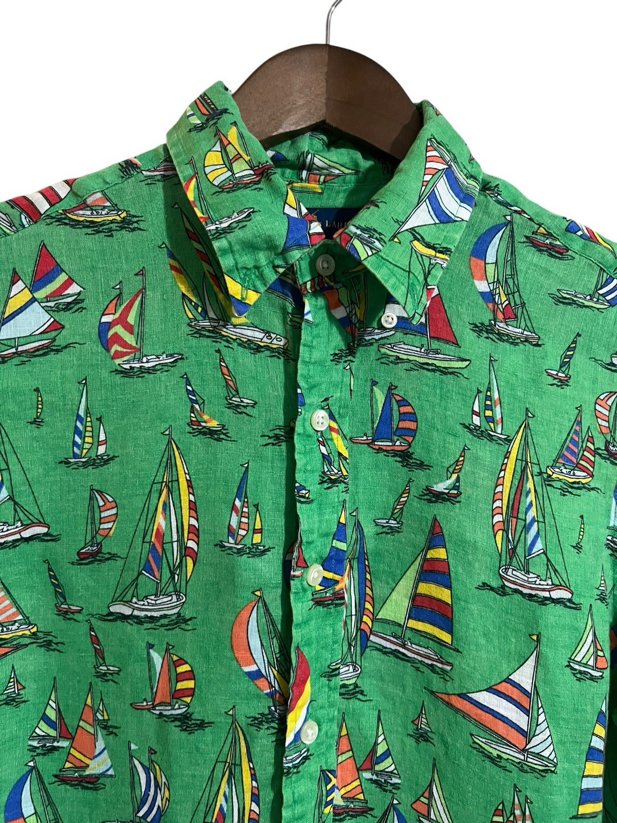 Camisa Ralph Lauren Para Hombre Mediana Verde Lino Velero Manga Corta Con Botones
