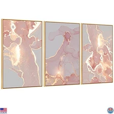 Pink Rose Gold Abstract Canvas Art Framed Glitter Marble Print for Home Decor