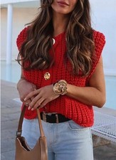 Unbranded Crochet Knit Cardigan Sweater Vest Pockets Gold Button Sz S NEW