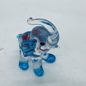 Clear Art Glass Elephant Trunk Up Blue Feet, Trunk, Ears-Red Fish In Belly 2.5”T