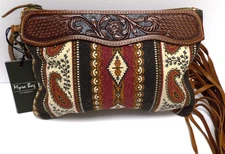 MYRA Leather Canvas WRISTLET. Mojave Paisley, Fringed, HAND-TOOLED S-6736 Bag