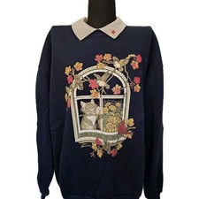 Vintage Morning Sun Sweatshirt Extra Large Navy Fall Leaves Cat Pullover 90s