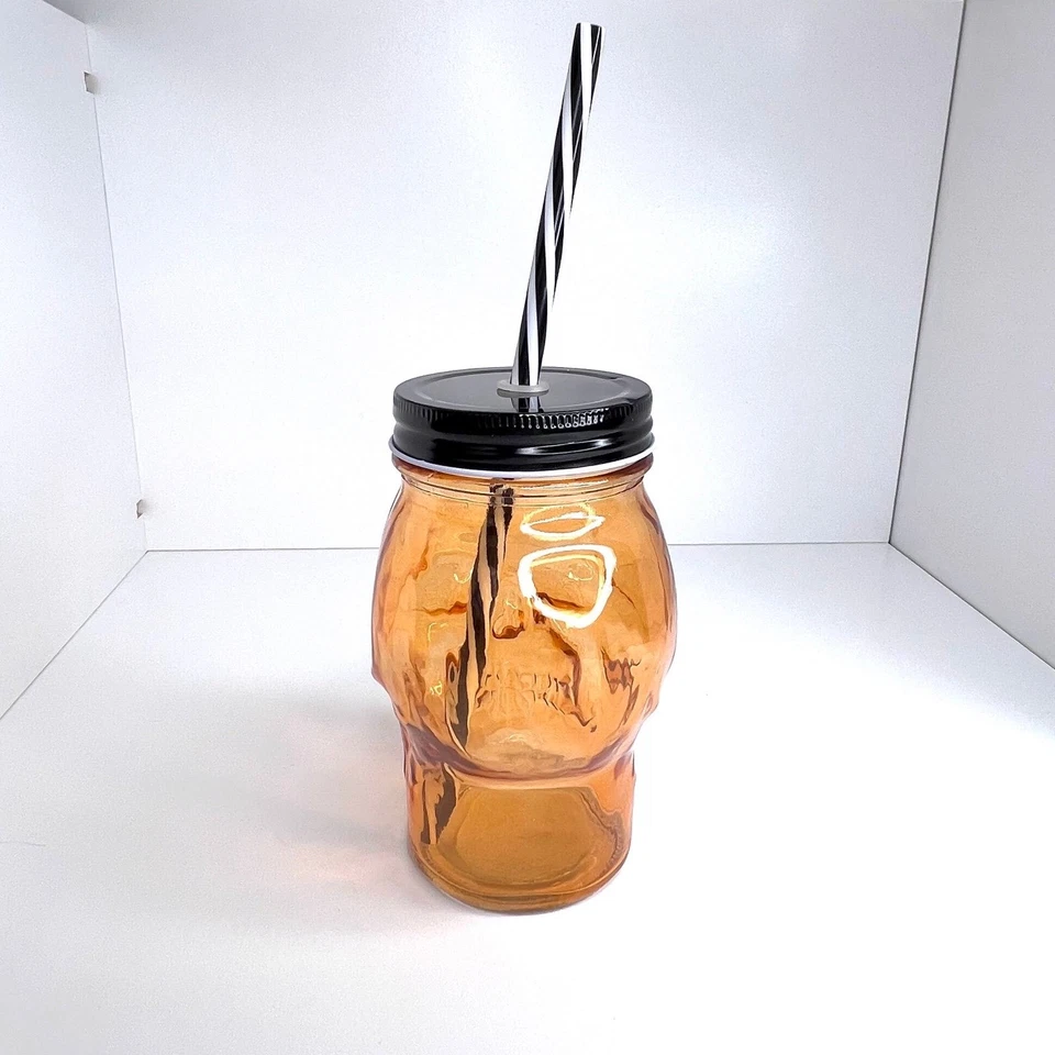 Calavera Vidrio con Pajita Halloween Naranja Viaje Taza Masón Tarro Taza 14oz Foto 4 de 4