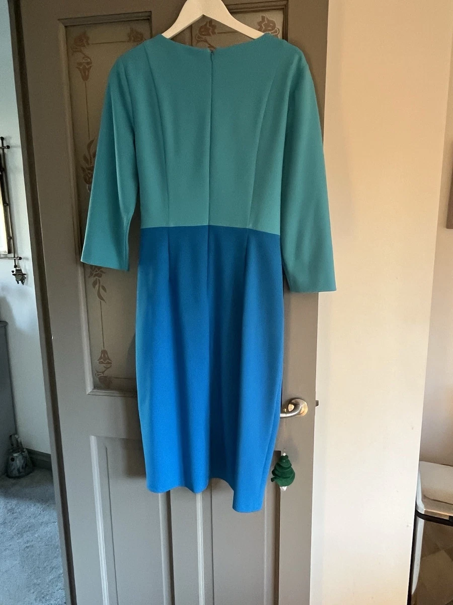 Vestido Vaina Adrianna Papell Azul Bloques de Colores Cinturón Manga 3/4 Talla 16