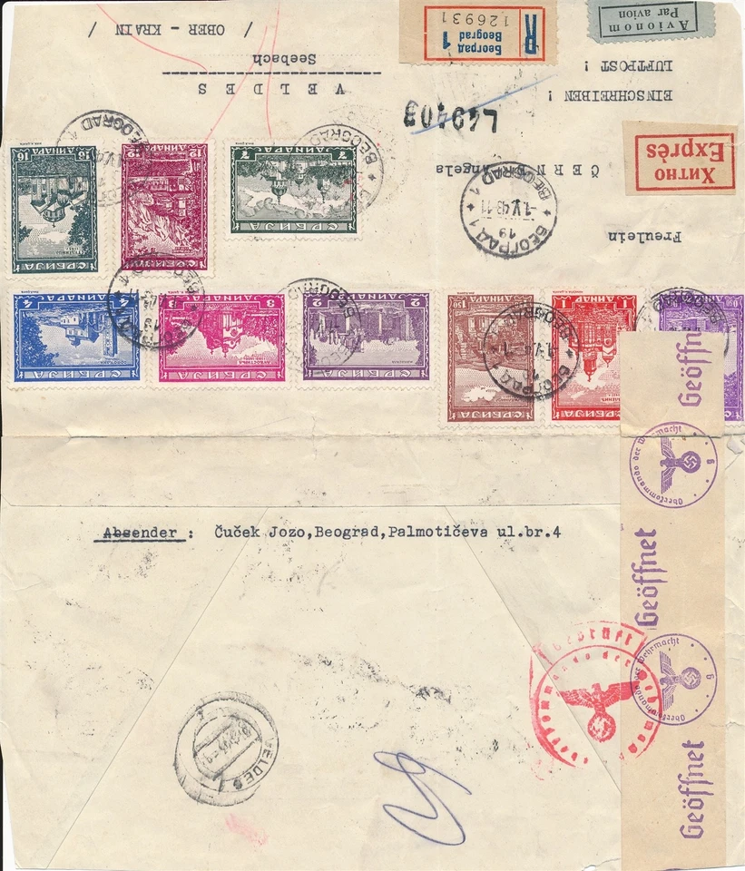Sello de cubierta Serbia Sc 2NB31-41 1943 SEGUNDA GUERRA MUNDIAL 3er Reich censurado Alemania Beograd Ober Foto 2 de 3