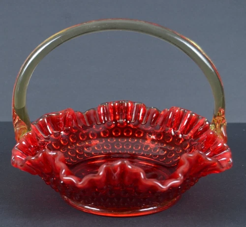 Fenton Ruby Red Amberina Hobnail Handled Ruffled Glass Basket