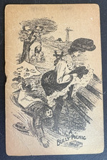 cartolina vintage Un bullo picnic umorismo Gibson ragazza e uomo inseguiti dal toro