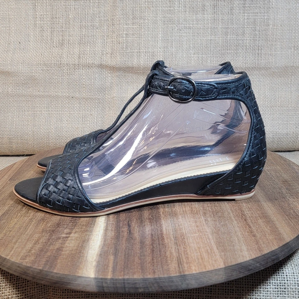 J.Jill Sandals Black Woven Leather T-Strap Ankle Strap Wedge Women's Size 9 - Image 4 of 4